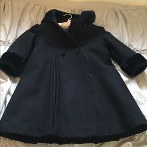 Girls Wool Dress Coat with Faux Fur Hood & Trim